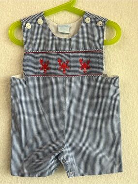 Remember Nguyen Blue Gingham Smocked Lobster Kids Romper - Unisex 2T